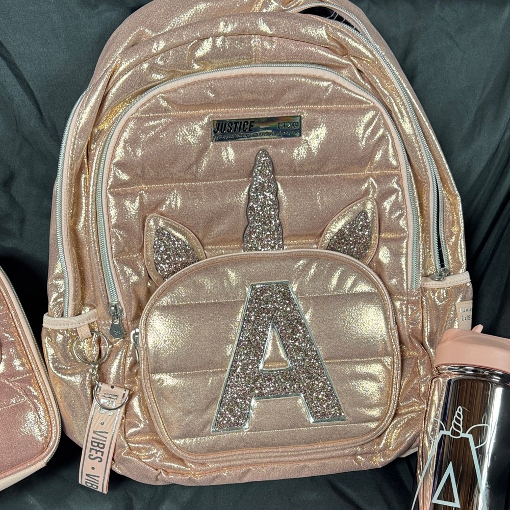 Justice Pink Sparkle Unicorn Backpack Set, Initial A - Picture 3 of 13